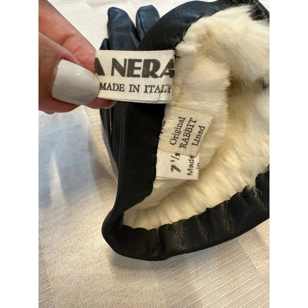 Nella Nera Black Genuine Leather Gloves Rabbit Fur Lined Made in Italy Size 7.5
